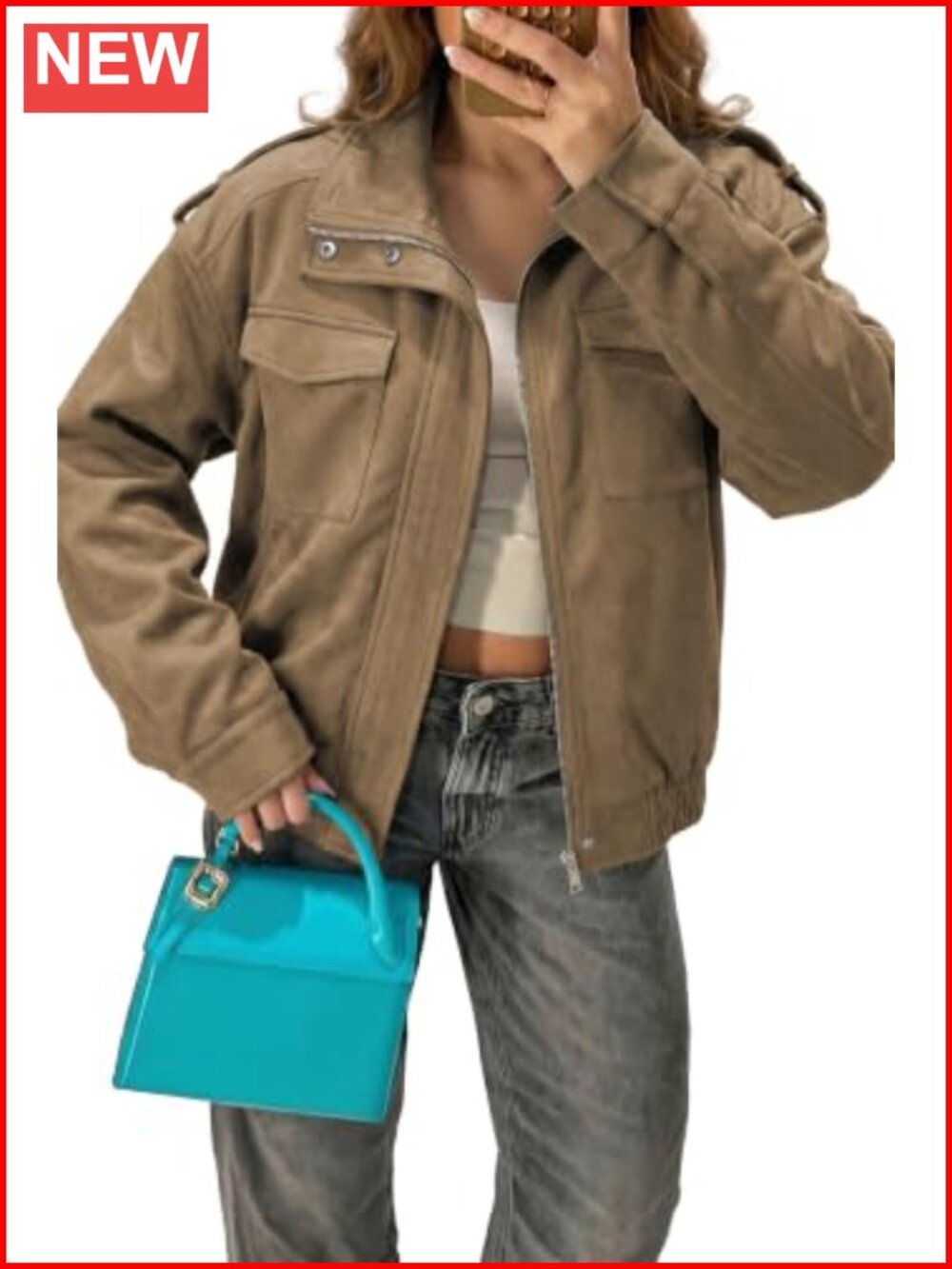 Faux Suede Bomber Jacket Cropped Long Sleeve Womens Coat Trendy Fall